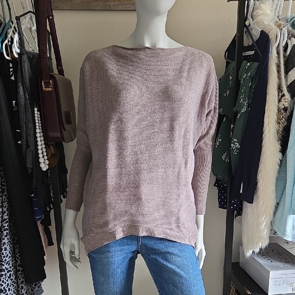 Angela Mara AM Basic Collection Tan Rib Knit Cocoon Hem Batwing Sweater